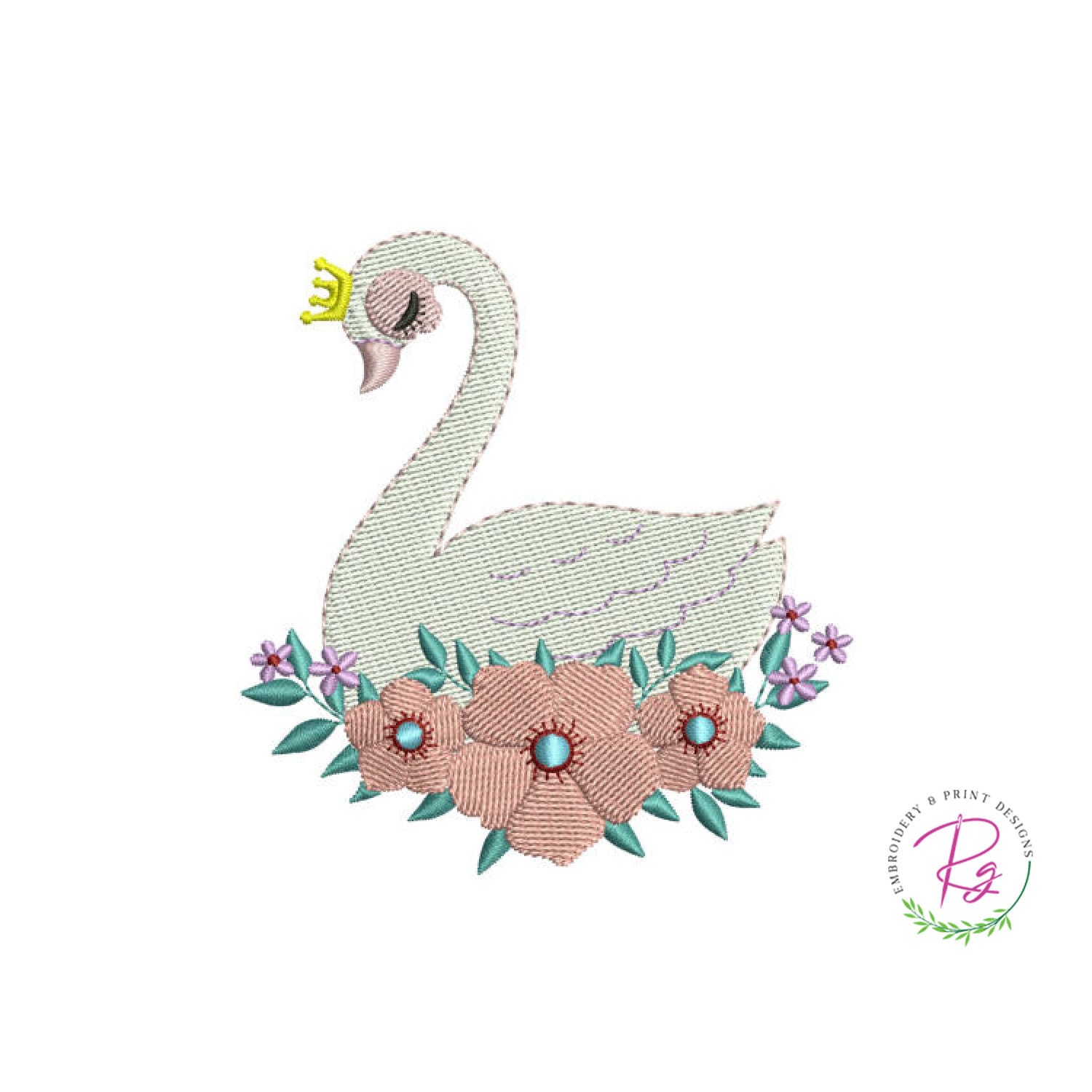 ピンクの白鳥と花の機械刺繍 / 刺繍デザイン / 動物の刺繍 ピンクの白鳥と花の機械刺繍 / 刺繍デザイン / 動物の刺繍