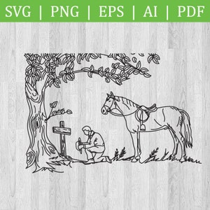 Praying Cowboy with Horse Kneeling at Cross line art SVG Circuit files / Horse cowboy PNG / Line art Horse with cross