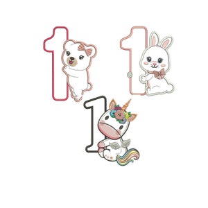 Applique Bunny met strik, Konijn met beer, Eenhoorn verjaardag no 1 Machine borduurwerk ontwerp / verjaardag nee / Konijn met No 1 / Verjaardag Nos