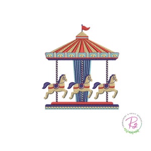 May include: A colourful carousel with three horses, a red roof, and a blue and white striped centre pole. The carousel is decorated with yellow and blue details.
