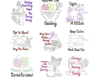 May include: A set of 10 embroidery designs featuring sewing machines, spools of thread, scissors, and inspirational quotes about sewing. The designs are in black and white with pink and purple accents. The quotes include "Sewing Each Day Keeps The Crazy Away", "Rather Be Sewing", "Life's A Stitch", "Life Is Short Buy The Fabric", "May Your Bobbin Always Be Full", "Keep Calm And Sew On", "Time To Sew", "Woman Who Loves Sewing", and "Crazy Sewing Lady".