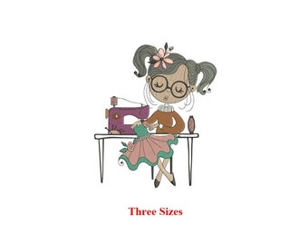 May include: A cartoon illustration of a girl sewing on a pink and green dress with a sewing machine. The text "Three Sizes" is below the image.