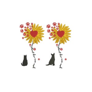 あなたは私の太陽 猫と犬の機械刺繍入りひまわり | ハートひまわり | デジタルファイル
