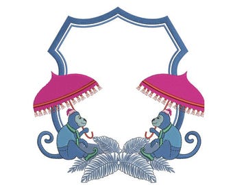 Chinoiserie monkey with umbrella Machine embroidery design | Monogram