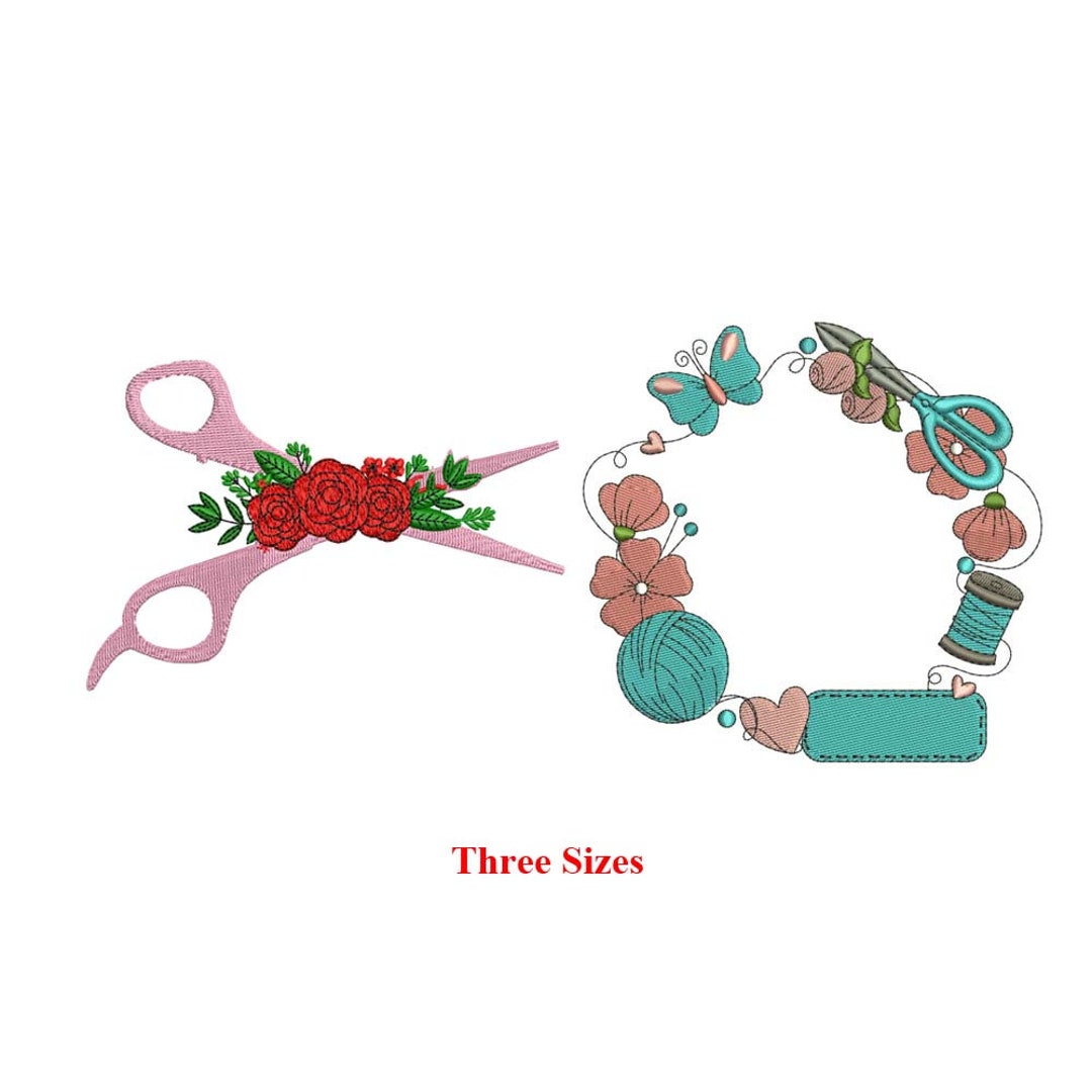 Sewing Tools Frame & Floral Scissor Machine Embroidery Design / Sewing