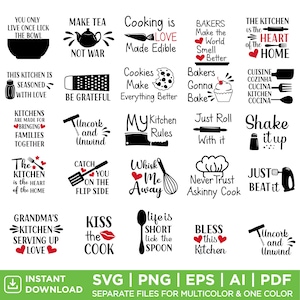 Puede incluir: Un conjunto de 20 archivos de corte SVG de temática culinaria en blanco y negro con corazones rojos y texto. El texto incluye frases como "Cocinar es amor hecho comestible", "La cocina es el corazón del hogar", "La cocina de la abuela sirve amor" y "Besar al cocinero".