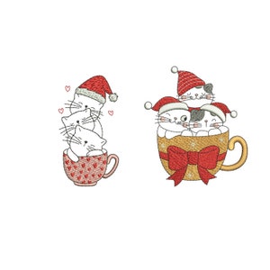 Gato de Papai Noel Feliz Copo e Laço Gato Bordado Design | Gato de Natal | Gato de Papai Noel