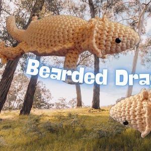 Peut inclure: Deux peluches de dragon barbu en crochet de couleur beige clair. Les peluches sont dans un décor de forêt avec des arbres et de l'herbe verte.