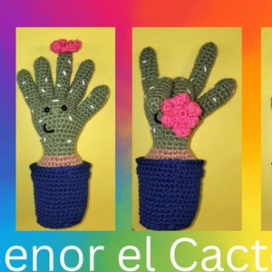 Peut inclure: Quatre vues différentes d'un cactus crocheté avec une fleur rose sur le dessus. Le cactus est dans un pot bleu et a un visage souriant. Le texte "Senor el Cacto" est en bas de l'image.