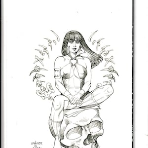 May include: Black and white illustration of a woman seated on a skull, surrounded by bone-like shapes. The woman has long hair and is wearing a revealing outfit. The artist's signature and the year 2025 are visible in the lower left corner.