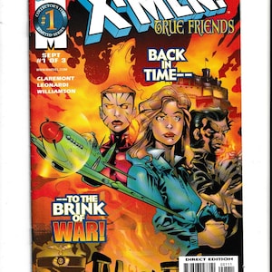 May include: A Marvel Comics X-Men: True Friends issue #1 of 3 comic book featuring a vibrant cover with a green airplane, three characters, and a fiery orange background. The text reads X-Men: True Friends, Back in Time, and To the Brink of War.