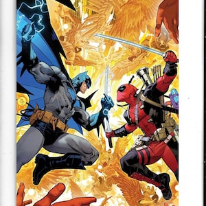 May include: Comic book cover featuring Batman and Deadpool in a dynamic battle scene. Batman, in a gray and blue suit, clashes with Deadpool, in a red and black suit, both wielding swords. The background is filled with golden figures.