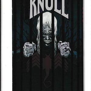 May include: Comic book cover featuring the word "KNULL" in white block letters. The illustration depicts a menacing figure with long white hair, a skeletal face, and clenched fists behind dark vertical bars.