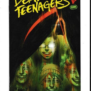 May include: Comic book cover titled "Dead Teenagers" with a black background and yellow text. The cover features illustrations of smiling faces with blood, and a red arc. The comic is by Jude Ellison S. Doyle & Caitlin Yarsky.