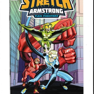 May include: Comic book cover for "Stretch Armstrong and the Flex Fighters." The artwork features several superheroes in action poses, with a large red fist in the background. The cover has the IDW logo and the price $3.99.