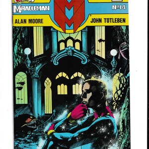 May include: Miracleman comic book cover featuring a figure in a blue and pink suit, set against a dark, gothic background with the text "Miracleman" and the names "Alan Moore" and "John Totleben". The cover includes the text "America's #1 Super Hero!" and the number "14".