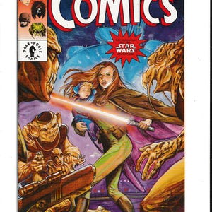 K&ouml;nnte beinhalten: Comic-Cover f&uuml;r Dark Horse Comics mit einem Star Wars-Abenteuer. Das Cover zeigt eine Frau mit einem Lichtschwert, die ein Kind h&auml;lt und sich Au&szlig;erirdischen stellt. Der Comic tr&auml;gt die Aufschrift "Dark Horse Comics" und "Star Wars".