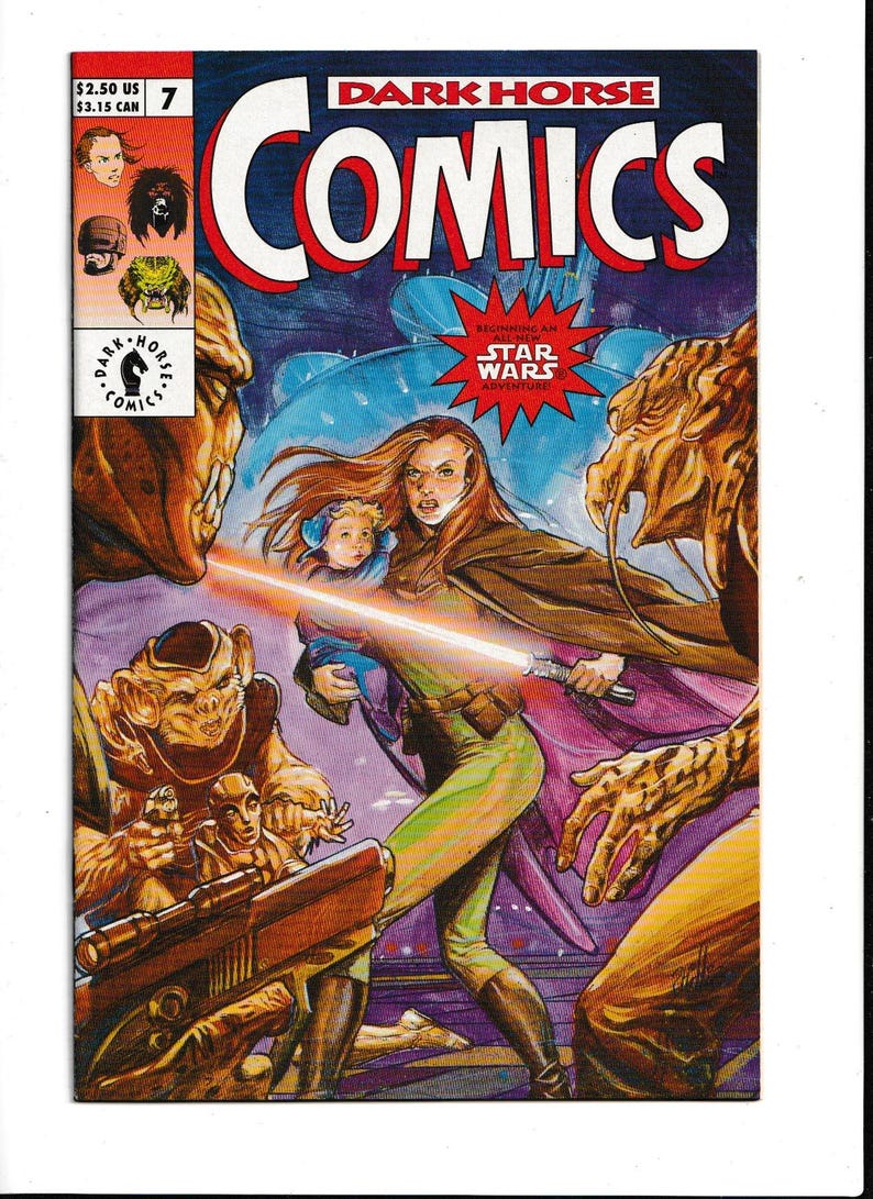 K&ouml;nnte beinhalten: Comic-Cover f&uuml;r Dark Horse Comics mit einem Star Wars-Abenteuer. Das Cover zeigt eine Frau mit einem Lichtschwert, die ein Kind h&auml;lt und sich Au&szlig;erirdischen stellt. Der Comic tr&auml;gt die Aufschrift "Dark Horse Comics" und "Star Wars".