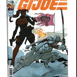May include: Comic book cover for G.I. Joe #21. The cover features two figures in combat, one in black and brown, the other in white. A pink flag with a cobra emblem is in the background. The title "G.I. Joe" is in orange.