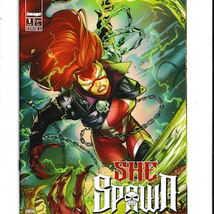 May include: Comic book cover titled "She Spawn" featuring a female character in a red and black costume with long red hair. The cover has a dynamic composition with chains, lightning, and the Image Comics logo.