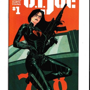 May include: Comic book cover for G.I. Joe #1, featuring a woman in a black suit holding a rifle. The background is orange and green with the G.I. Joe logo and the number 78 in orange. The IDW logo is in the upper left.