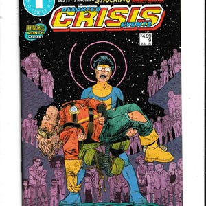 May include: A comic book cover titled Assorted Crisis Events number 9, featuring a character in a blue and yellow suit holding another character in a red and green outfit against a starry black background with a crowd of people below.