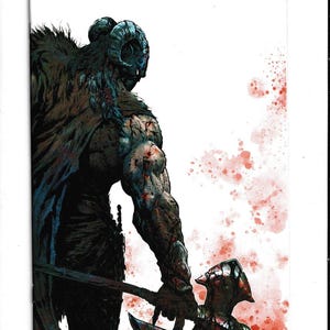 May include: Comic book illustration of a horned creature holding a blood-stained axe. The figure is muscular with a dark cloak and a detailed, textured appearance. Red splatters accent the white background.