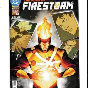 May include: Comic book cover for "The Fury of Firestorm" featuring a central figure with a flaming head and glowing energy. The cover includes the DC Comics logo, issue number 1, and character illustrations.