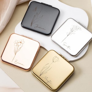 Gepersonaliseerde compacte spiegel, zakspiegel geboortebloem, cadeau bruidsmeisje, cadeau vrijgezellenfeest