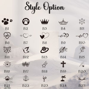 May include: A chart of 25 different design options for a personalised stamp. The options include paw prints, hearts, crowns, stars, butterflies, and more.