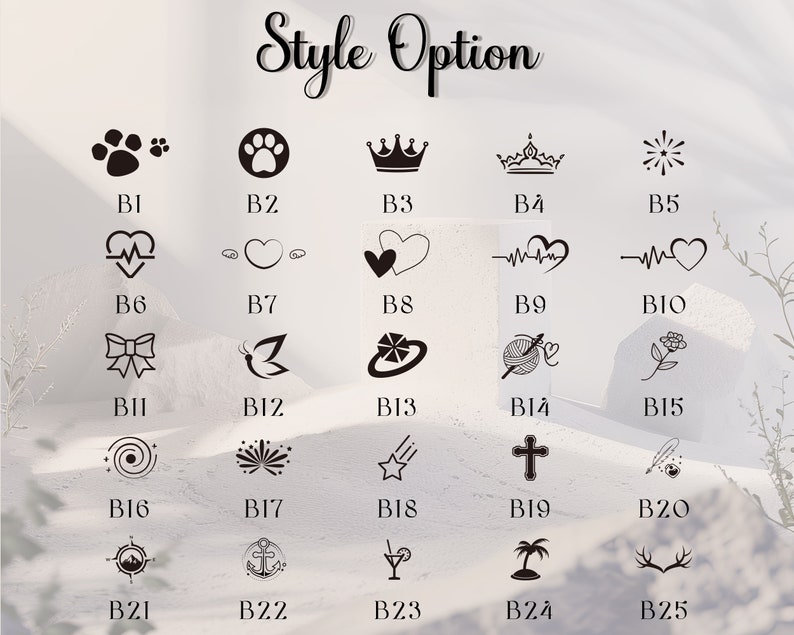 May include: A chart of 25 different design options for a personalised stamp. The options include paw prints, hearts, crowns, stars, butterflies, and more.