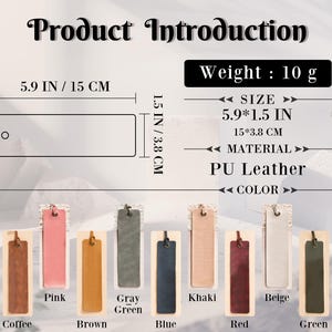 K&ouml;nnte beinhalten: Zehn verschiedene farbige Leder-Lesezeichen, jedes 15 cm x 3,8 cm gro&szlig;. Die Lesezeichen sind in den Farben Grau, Rosa, Braun, Gr&uuml;n, Khaki, Rot, Beige, Hellbraun und Gr&uuml;n. Der Text "SIZE 5.9*1.5 IN 15*3.8 CM MATERIAL PU Leather COLOR" ist auf wei&szlig;em Hintergrund gedruckt.