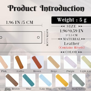 May include: A set of 10 leather strap tags in various colours, including pink, coffee, brown, beige, purple, light green, dark brown, blue, lake blue, yellow, and dark green. Each tag measures 5 cm by 1.5 cm and has a rivet. The tags are made of leather and are suitable for crafts, jewellery making, and other projects.