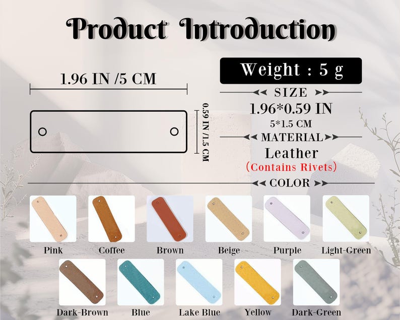 May include: A set of 10 leather strap tags in various colours, including pink, coffee, brown, beige, purple, light green, dark brown, blue, lake blue, yellow, and dark green. Each tag measures 5 cm by 1.5 cm and has a rivet. The tags are made of leather and are suitable for crafts, jewellery making, and other projects.