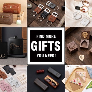 May include: A collage of various personalized gifts, including a leather toiletry bag, a leather key chain with a bottle opener, a wooden box with a guitar pick, a flask, a pair of sunglasses, and a set of bookmarks. The text "FIND MORE GIFTS YOU NEED!" is displayed in the center of the image.