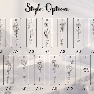 K&ouml;nnte beinhalten: Ein Set mit 13 verschiedenen Lesezeichen-Designs mit verschiedenen Blumenillustrationen. Jedes Lesezeichen hat oben ein Loch f&uuml;r ein Band oder eine Schnur. Die Designs sind mit A1 bis A13 gekennzeichnet.