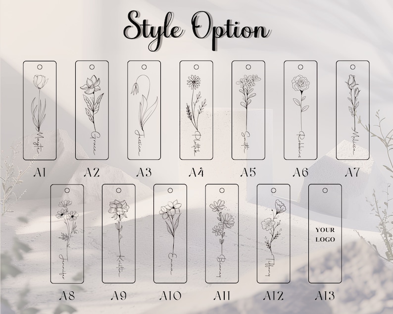 K&ouml;nnte beinhalten: Ein Set mit 13 verschiedenen Lesezeichen-Designs mit verschiedenen Blumenillustrationen. Jedes Lesezeichen hat oben ein Loch f&uuml;r ein Band oder eine Schnur. Die Designs sind mit A1 bis A13 gekennzeichnet.