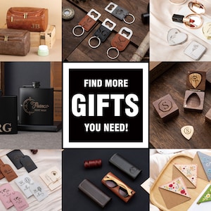 May include: A collage of various personalized gifts, including a leather toiletry bag, a leather key chain with a bottle opener, a wooden box with a guitar pick, a set of leather bookmarks, a wooden sunglasses case, and a set of flasks. The text "FIND MORE GIFTS YOU NEED!" is displayed in the center of the image.