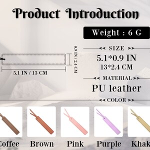 K&ouml;nnte beinhalten: Ein Set aus sechs Leder-Lesezeichen in verschiedenen Farben: Kaffee, Braun, Rosa, Lila und Khaki. Jedes Lesezeichen ist 13 cm lang und 2,4 cm breit. Die Lesezeichen sind aus PU-Leder gefertigt und wiegen jeweils 6 Gramm.