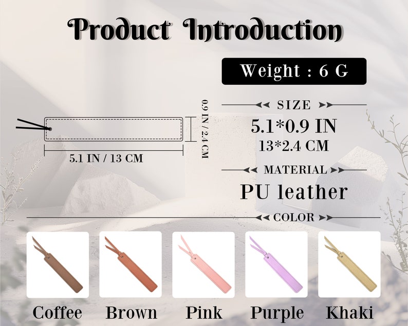 K&ouml;nnte beinhalten: Ein Set aus sechs Leder-Lesezeichen in verschiedenen Farben: Kaffee, Braun, Rosa, Lila und Khaki. Jedes Lesezeichen ist 13 cm lang und 2,4 cm breit. Die Lesezeichen sind aus PU-Leder gefertigt und wiegen jeweils 6 Gramm.