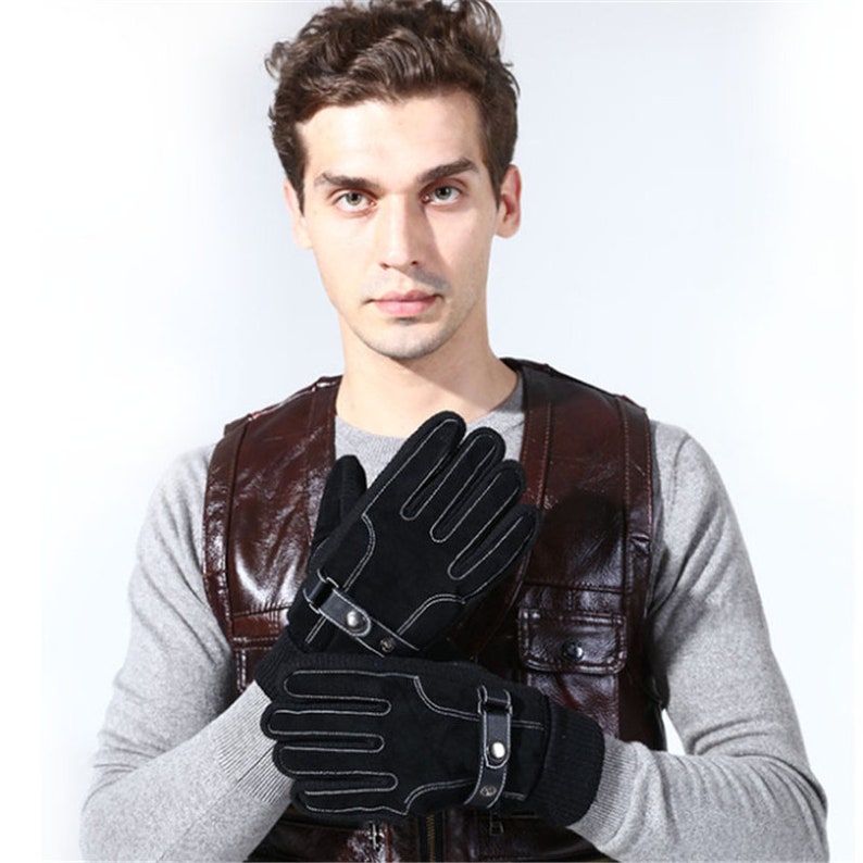 Leather gloves men plus velvet thick brown black warm winter gloves men and women gloves outdoor windproof gloves