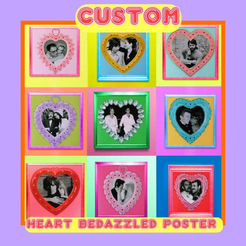 Personalized Bedazzled Couple Poster with Hotfix Rhinestones and Diamantes Custom Bedazzled Heart Poster