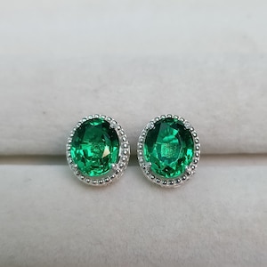 Lab created emerald stud earrings, 925 Sterling Silver stud earrings, Lab grown oval cut stud earrings, emerald wedding stud earrings