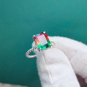 Watermelon Tourmaline Ring, 925 Sterling Silver Ring Tourmaline Doublet Quartz Silver Ring Octagon Watermelon Tourmaline Bi color stone Ring