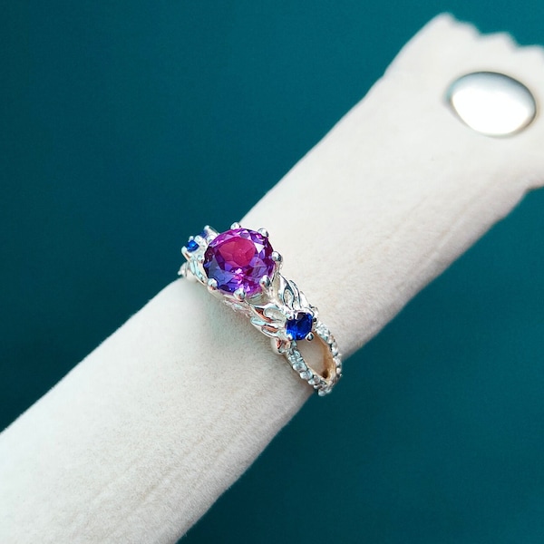color change sapphire ring, Bi color sapphire ring 925 sterling silver ring, lab created sapphire ring, blue and purple sapphire ring