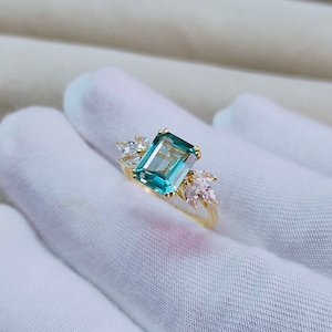 Green sapphire ring octagon cut green sapphire ring Sterling silver ring wedding ring teal sapphire ring lab grown sapphire ring