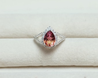 Ametrine doublet quartz ring, 925 sterling Silver Ring, pear cut ametrine quartz, ametrine halo ring, bi color stone ring, ring for gift