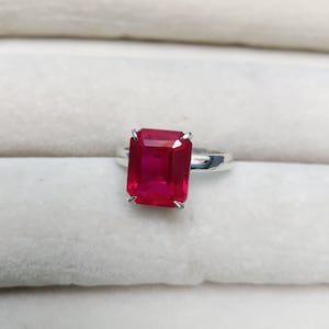 Lab Created Red Ruby Ring, 925 Sterling Silver Ring, Ruby Solitaire Ring, Octagon Cut Ruby Ring, Ruby Hand Made Ring, Ring for Gift