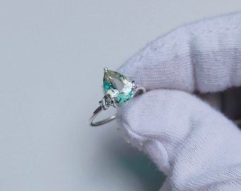 Natural Green Amethyst Ring, 925 Sterling Silver Ring, Pear Cut Green Amethyst Ring, Hand Made Ring, Ring for Gift, Twisted Wire Band Ring