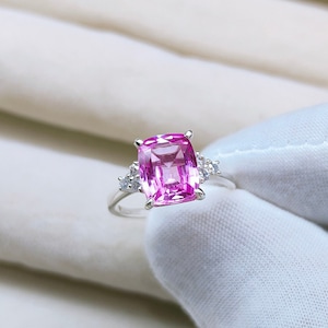 pink sapphire ring, cushion cut pink sapphire ring, 925 sterling silver ring, pink sapphire engagement ring, lab grown pink sapphire ring